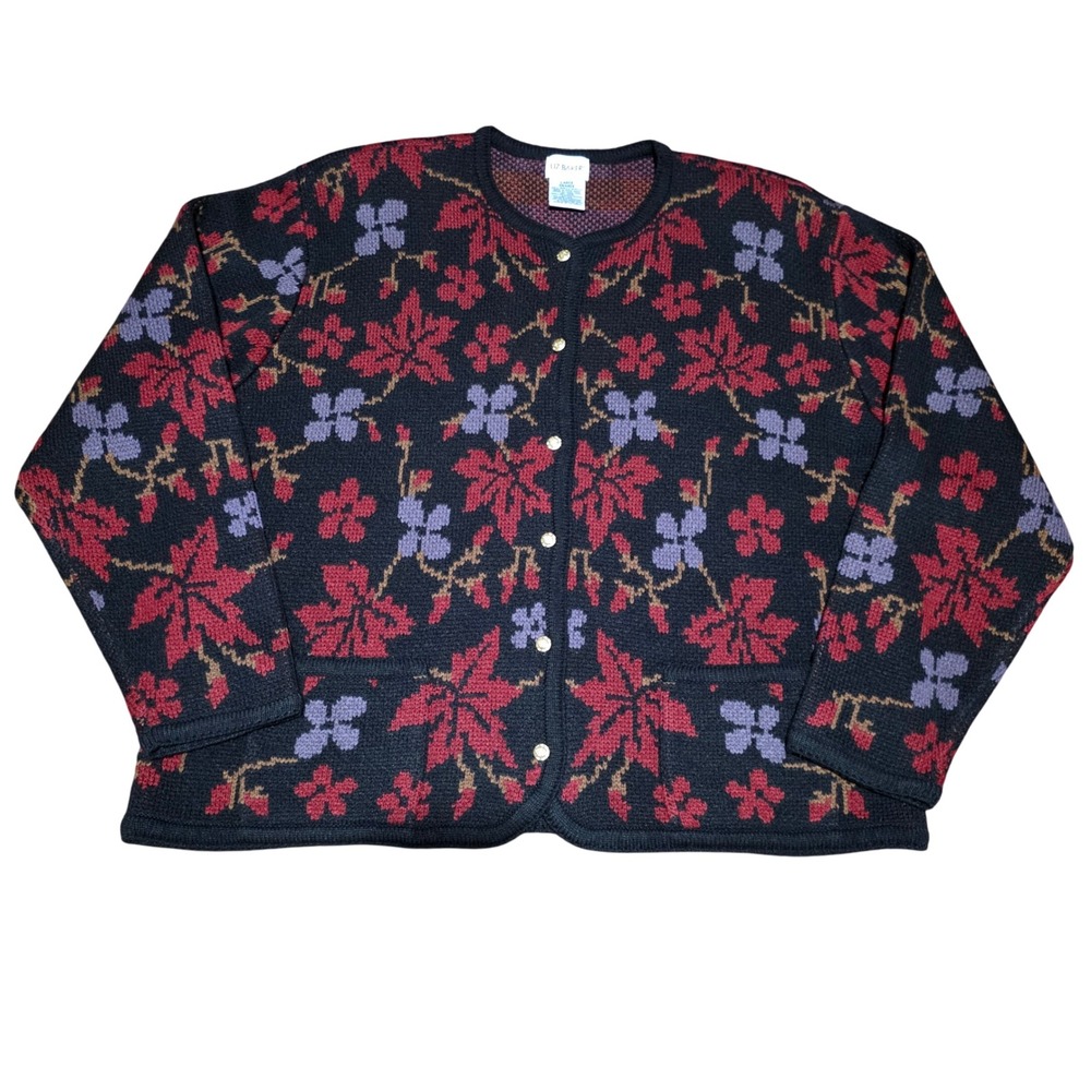 Liz Baker Women Large Floral Cottage Cardigan Sweater Vintage Grandma Retro Knit